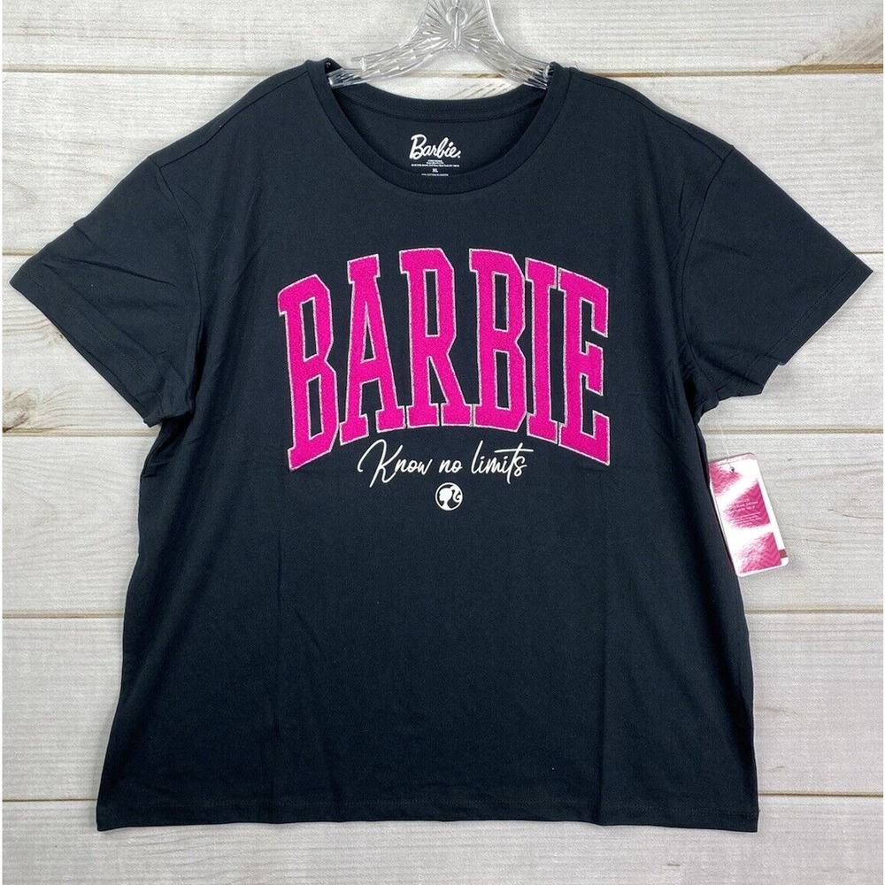 Barbie Movie Tee Shirt Womens XL Black "KNOW NO LIMITS" Embroidered Top NWT
